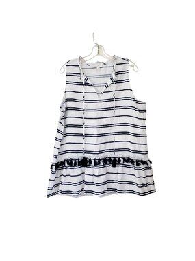 Charter Club XL Linen Sleeveless Striped Top With Tassel Hem White & Navy Blue